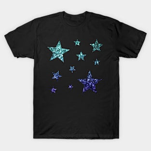 Teal Dark Blue Ombre Faux Glitter Stars T-Shirt